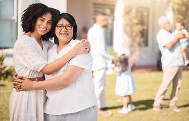 Image showing Mother, grandma and hug portrait outdoor at new home with family and happy from love and trust. House, real estate and garden with mom and senior mama together with a smile from property purchase