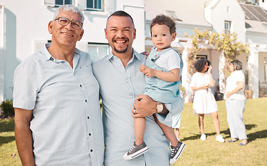 Image showing Dad, grandfather or portrait of child in new home or real estate as a happy family with love or care. House, garden or senior grandparent with a happy man or young boy kid with a smile on a property