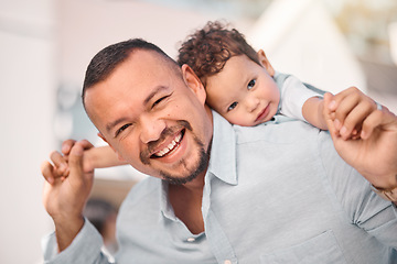 Image showing Father, family and piggy back laugh with portrait outdoor with a smile from dad and young boy with fun. Child, papa and relax together in garden with parent care, love and support for kids with joy