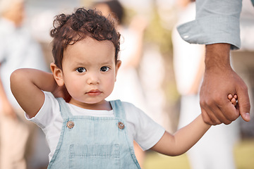 Image showing Portrait, parent or face of child holding hands in new home or real estate as family bonding with love or care. Support, embrace or father with young kid with affection moving in to house property