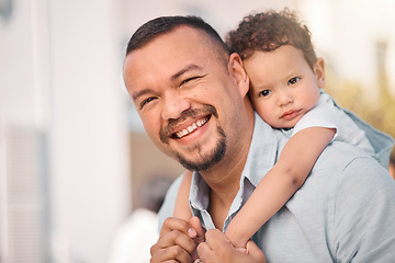 Image showing Father, family portrait and piggy back fun outdoor with a smile from dad and young boy with fun. Child, papa and relax together in garden with parent care, love and support for kids with joy