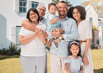 Image showing Happy, big family or portrait of children in new home, dream house or real estate with love, unity or care.Generations, siblings or senior grandparents with mom, dad or kids with a smile on property