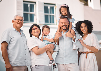 Image showing Family, portrait and generations with happiness and outdoor, people on lawn with grandparents, parents and children. Men, women and kids together, bonding and love at home with care and support