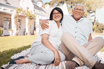 Image showing Portrait, hug and a senior couple in a garden for love, care and bonding in summer. Affection, happy and an elderly man and woman on the grass of a nursing home in the backyard together in marriage