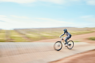 Image showing Motorbike, speed and freedom in desert with adventure for sport in competition or blur. Race, dirt bike and action with energy in outdoor for training or rally performance with power in mockup space.