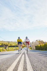 Image showing Fitness, mockup or people cycling on bicycle for training, cardio workout or race exercise in countryside. Space, male friends or sports athletes riding bike on road or path for a challenge together