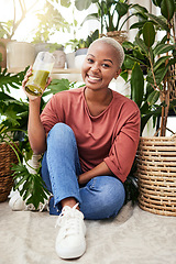 Image showing Healthy, black woman and green smoothie in portrait with smile for wellness or nutrition. Girl, happy and detox shake in home for vitamins or weightloss for diet or vegan protein in natural drink.
