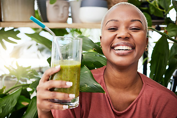 Image showing Health, diet and happy with black woman and smoothie for detox, breakfast and protein. Nutrition, food and weight loss with face of person and drink for green juice, vitamins and supplement