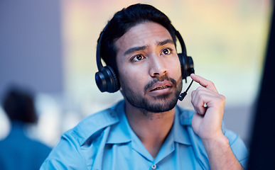 Image showing Security guard, monitor problem and man watching screen relax on the job for building tech. Surveillance, safety talking and live streaming watch of a employee checking the system for danger