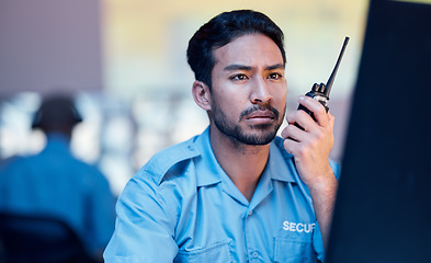 Image showing Security dispatch man, computer and walkie talkie communication, speaking and monitor crisis, CCTV or surveillance. Emergency radio, support consultation and crime safety person focus on problem