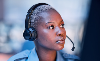 Image showing Officer, black woman and call center agent for law or legal service for emergency call and employee in an office. Worker, thinking and security worker talking online or internet for communication