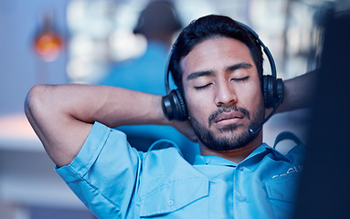 Image showing Security guard, sleeping and man by screen relax on the job for building protection. Surveillance, safety application and fatigue watch of a employee on a nap from late night of checking the system