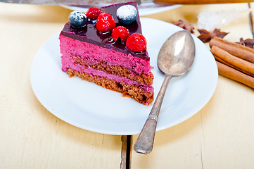 Image showing blueberry and raspberry cake mousse dessert