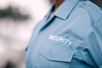 Image showing Uniform, security guard and in closeup for protection from crime with worker for safety in mock up background. Duty, service and bodyguard with uniform for patrol or defence for career at agency.