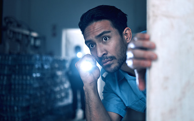 Image showing Security, police and man with flashlight for investigation, inspection and property search on night shift. Surveillance, law and male person in dark room for safety, crime and protection service