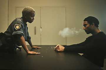 Image showing Man, smoking and detective talking in interrogation room with criminal, suspect or interview with a gangster. Police officer, questioning and statement of truth on crime and person with cigarette