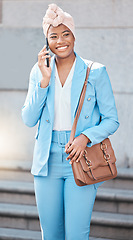 Image showing Phone call, walking and businesswoman on stairs in city with briefcase by her office building. Smile, happy and professional African female lawyer on mobile conversation with cellphone in urban town.