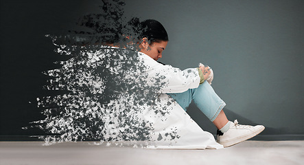 Image showing Sad, mental health and woman with depression or thinking of anxiety, problem or frustrated. Fading, depressed and a young person or girl sitting with grief, psychosis or fail on a dark background