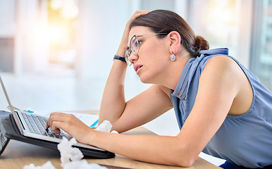 Image showing Workplace, stressed and female professional with laptop is tired at office with frustrated. Burnout, job and employee with tech or woman is sick or fatigue or depressed with deadline for online work.