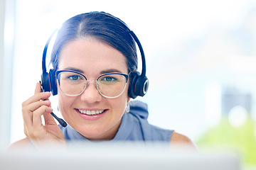 Image showing Call center, portrait and business woman, consultant or agent in customer support, consulting and e commerce. Communication, professional face and person in virtual consultation, telecom and speaking