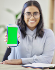 Image showing Happy woman, hands and phone green screen for advertising, marketing or branding on mockup at office. Portrait of female person holding mobile smartphone display, chromakey or app logo at workplace