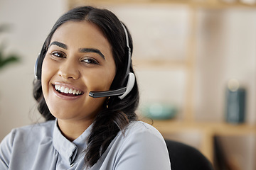 Image showing Portrait, customer support or happy woman in call center with mic on headset for friendly services. Girl virtual assistant, smile or face of telemarketing sales agent talking online in telecom office