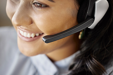 Image showing Face, call center or happy woman in communication on mic or headset for friendly customer service. Girl virtual assistant, smile or telemarketing sales agent explaining online in telecom tech support