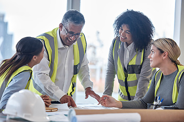 Image showing Planning, floor plan and business people in office meeting, teamwork and construction, happy design or engineering. Paper, blueprint and manager, women and man talking ideas of sketch in architecture