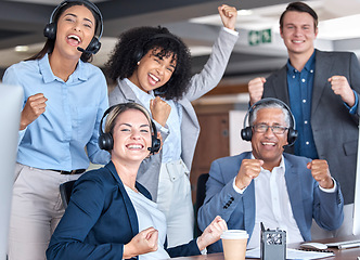 Image showing Call center, team or happy people with success of winning telemarketing sales target or achievement. Teamwork, customer service and group of agents cheering in celebration of victory, goals or deal