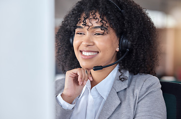 Image showing Call center, smile and woman on computer in office for communication, support and contact us for customer service. Reading, telemarketing and sales agent, consultant or African employee with email.