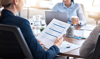 Image showing Business people, finance or hands on documents in meeting for tax auditor sales growth in office. Analytics, paperwork or accounting manager with accountant for financial research analysis together