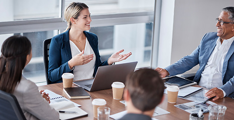 Image showing Business meeting, finance and people talking, planning budget and report for company revenue and job teamwork. Documents, laptop and accountant manager, woman or group, project or financial proposal