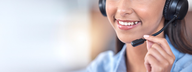 Image showing Call center, mouth and happy woman in office listening for communication, support and contact us for customer service. Mic, telemarketing and sales agent, consultant or employee with mockup space.