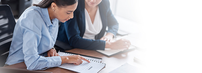 Image showing Mockup, finance or business women planning budget or report for company revenue with teamwork. Documents, space or accountant woman consulting an accounting manager in meeting for project or growth