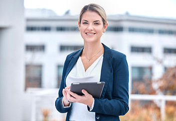 Image showing Business, outdoor and woman with a tablet, portrait and inspector with online checklist, website information and smile. Face, female person or employee with technology, outside or internet connection