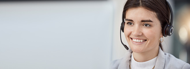 Image showing Banner, call center and woman in headshot, customer service job and computer with headset, CRM and mockup space. Communication, contact us and female person in telemarketing with help desk employee