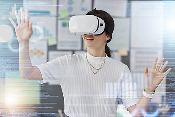 Image showing Hand, overlay or woman developer with vr headset for web design planning for cybersecurity on website. 3d touch, digital or girl in augmented reality for future cloud computing at office in metaverse