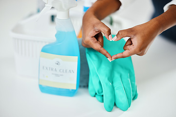 Image showing Heart hands, cleaning and chemical detergent bottle, closeup of supplies and cleaner with hygiene. Care, support and health with disinfectant spray, housekeeping and person with tools to clean