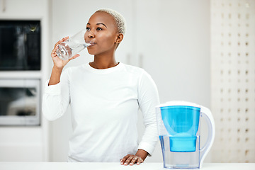 Image showing Woman, filter and drinking water for health at home for a healthy lifestyle, diet and nutrition. Young african person with a glass from a container or pitcher in a kitchen for detox and wellness