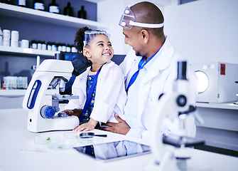 Image showing Science, microscope and father with child in laboratory for medical research, chemistry and education. Healthcare, family and scientist with girl with equipment for knowledge, learning and teaching