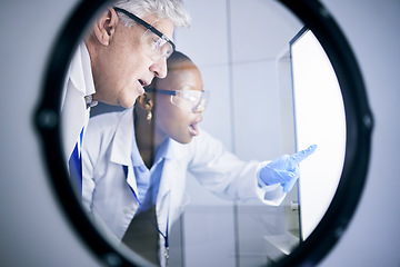 Image showing Science, shock and team scientists in lab working on futuristic experiment, research or test. Biotechnology, medical and scientific researchers in collaboration on breakthrough project in incubator.