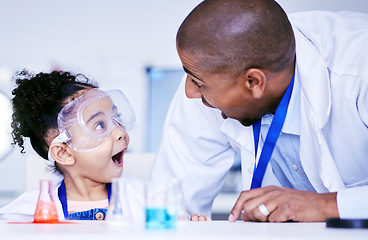 Image showing Chemistry, excited and father with child in laboratory for medical research, science and education. Healthcare, family and scientist with girl with liquid sample for knowledge, learning and school