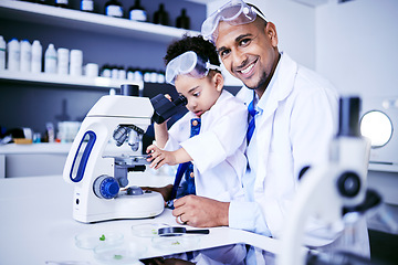 Image showing Chemistry, microscope and scientist with child in laboratory for medical research, science and education. Healthcare, portrait and father and girl with equipment for knowledge, learning and teaching