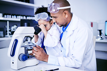 Image showing Chemistry, microscope and father with child in laboratory for medical research, science and education. Healthcare, family and scientist with girl on digital tech for knowledge, learning and teaching