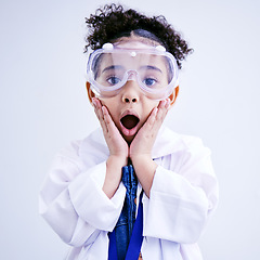 Image showing Child, shocked and science portrait with glasses in studio with open mouth, wow or surprised face. African kid student excited for education or biology experiment and learning for future scientist