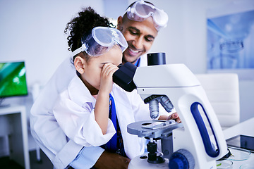 Image showing Science, microscope and dad with child in laboratory for medical research, chemistry and education. Healthcare, family and scientist with girl check equipment for knowledge, learning and teaching