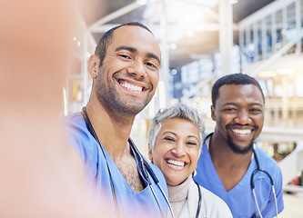 Image showing Teamwork, selfie and medical staff with memory, hospital and social media with collaboration. Doctors, healthcare professional and group with faces of medicine and career with happiness and goals