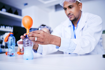 Image showing Chemistry, balloon and father with child in laboratory for medical research, science and education. Healthcare, family and scientist dad with girl do experiment for knowledge, learning and teaching