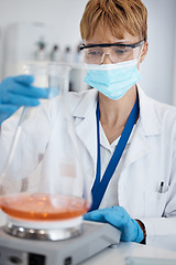 Image showing Scientist, laboratory and mask, woman with pharmaceutical test and chemistry study for medicine. Medical exam, research and innovation in health care, biotechnology and chemical investigation results