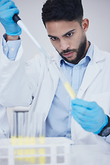 Image showing Man, medicine or scientists with test tubes in research for experiment, medical assessment or innovation. Breakthrough, studying biotechnology or researcher in laboratory for science development